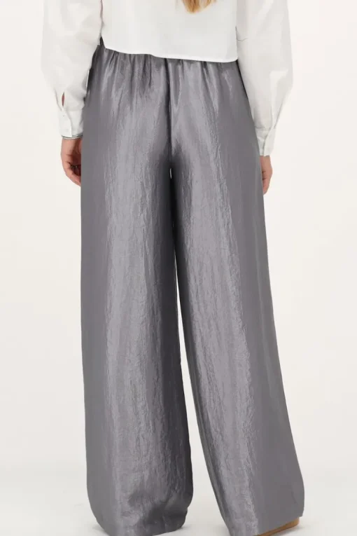 Grijze Wide Leg Broek Satijnen Look