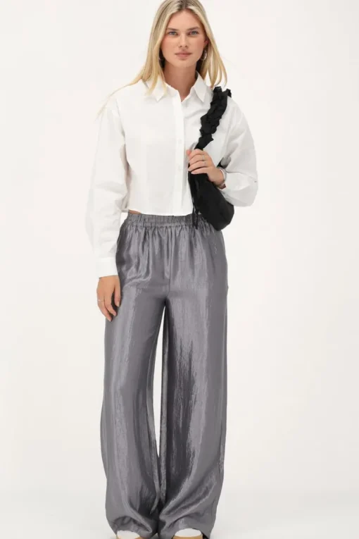 Grijze Wide Leg Broek Satijnen Look