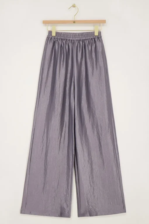 Grijze Wide Leg Broek Satijnen Look