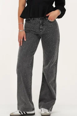 Grijze Wide Leg Jeans Met Strass