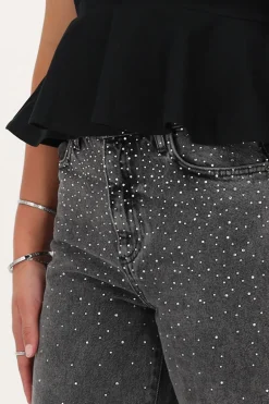 Grijze Wide Leg Jeans Met Strass