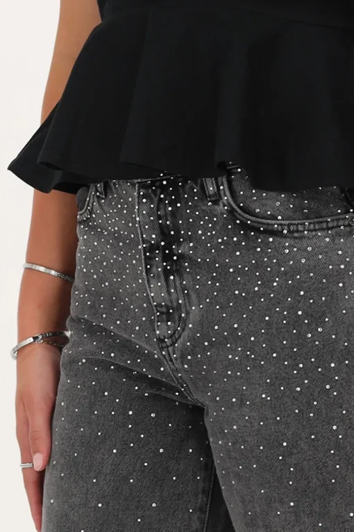 Grijze Wide Leg Jeans Met Strass