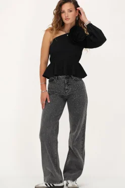 Grijze Wide Leg Jeans Met Strass