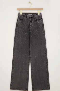 Grijze Wide Leg Jeans Met Strass