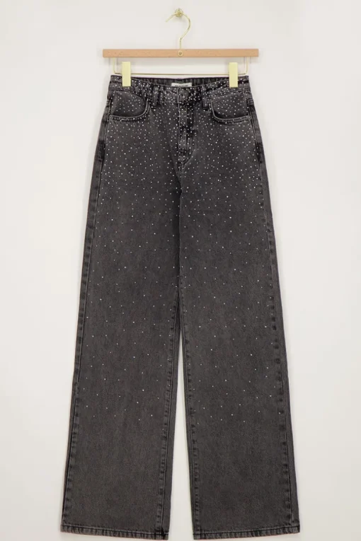 Grijze Wide Leg Jeans Met Strass