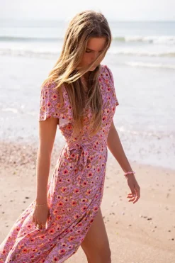 Groene Midi Wikkeljurk Met Lila Bloemenprint