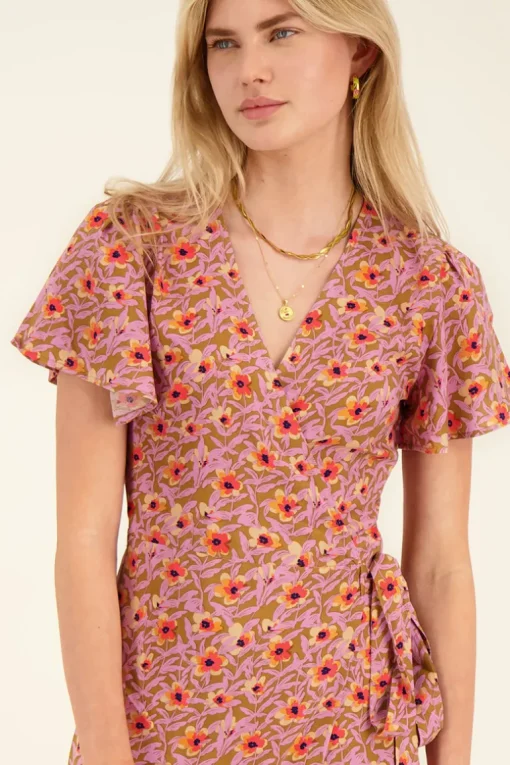 Groene Midi Wikkeljurk Met Lila Bloemenprint
