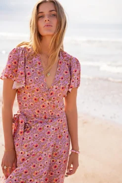 Groene Midi Wikkeljurk Met Lila Bloemenprint
