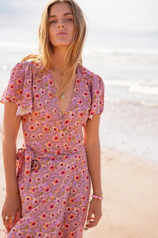 Groene Midi Wikkeljurk Met Lila Bloemenprint