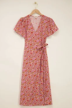 Groene Midi Wikkeljurk Met Lila Bloemenprint