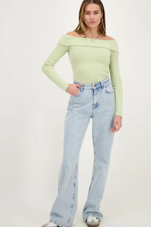 Groene Off-shoulder Top Met Rib Structuur