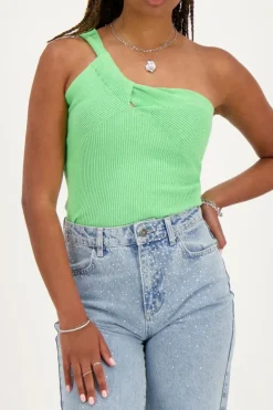 Groene One-shoulder Top Met Gedraaid Effect