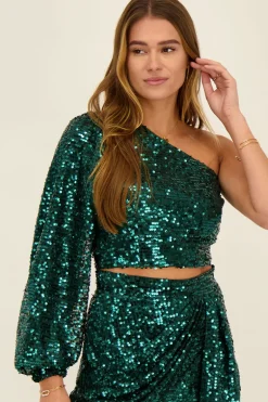 Groene One-shoulder Top Met Pofmouw En Pailletten
