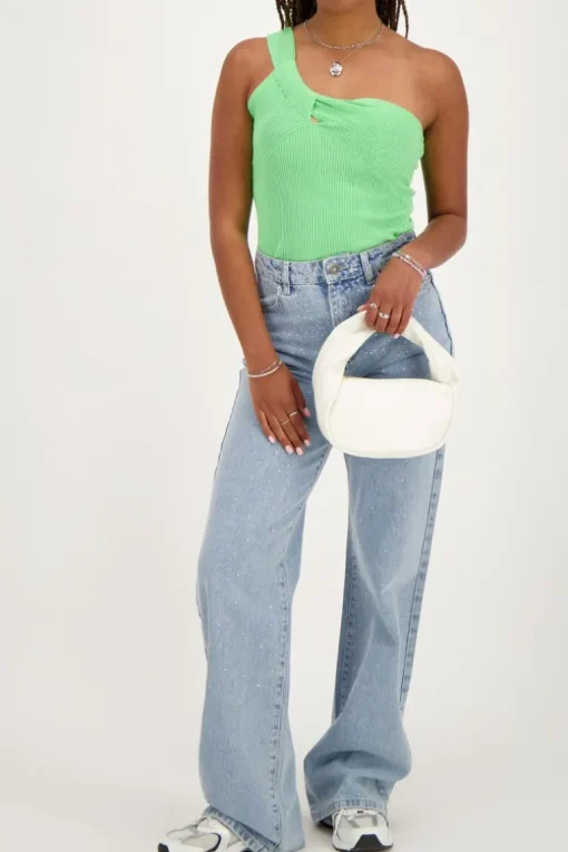 Groene One-shoulder Top Met Gedraaid Effect