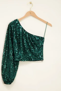 Groene One-shoulder Top Met Pofmouw En Pailletten