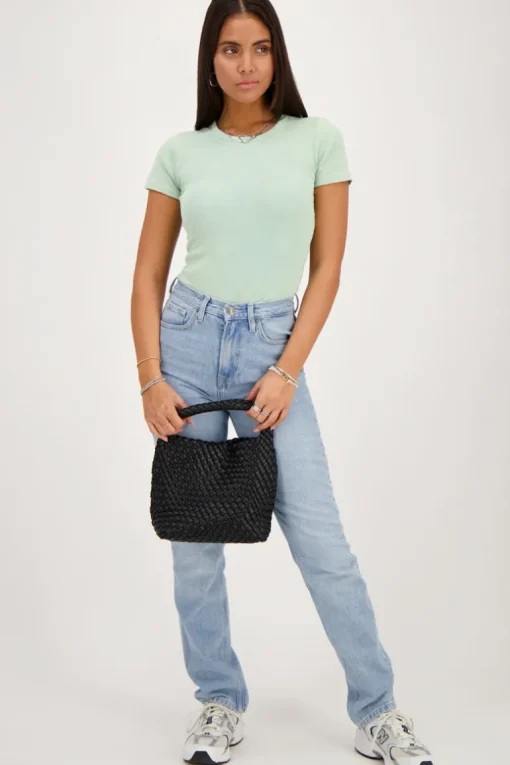 Groene Rib Top Met Korte Mouwen