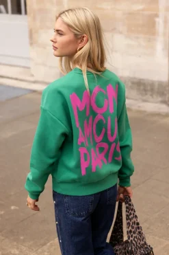 Groene Sweater Met Roze "Mon Amour Paris"