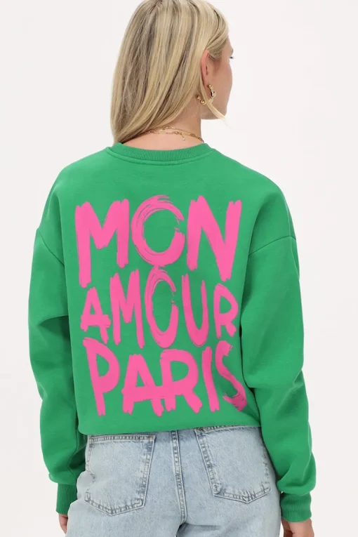 Groene Sweater Met Roze "Mon Amour Paris"