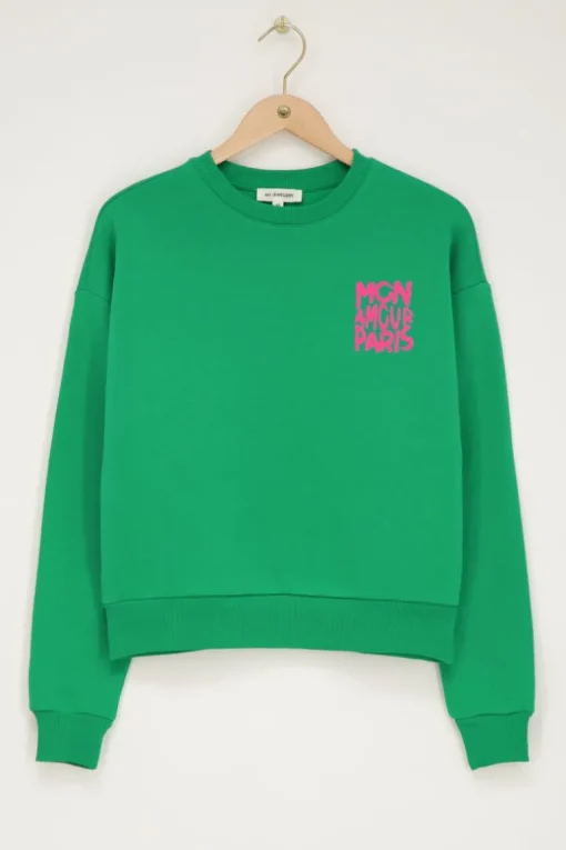 Groene Sweater Met Roze "Mon Amour Paris"