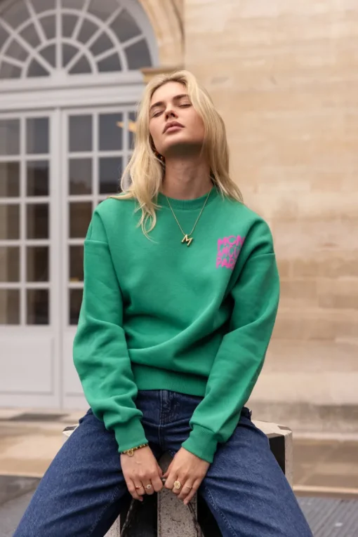 Groene Sweater Met Roze "Mon Amour Paris"
