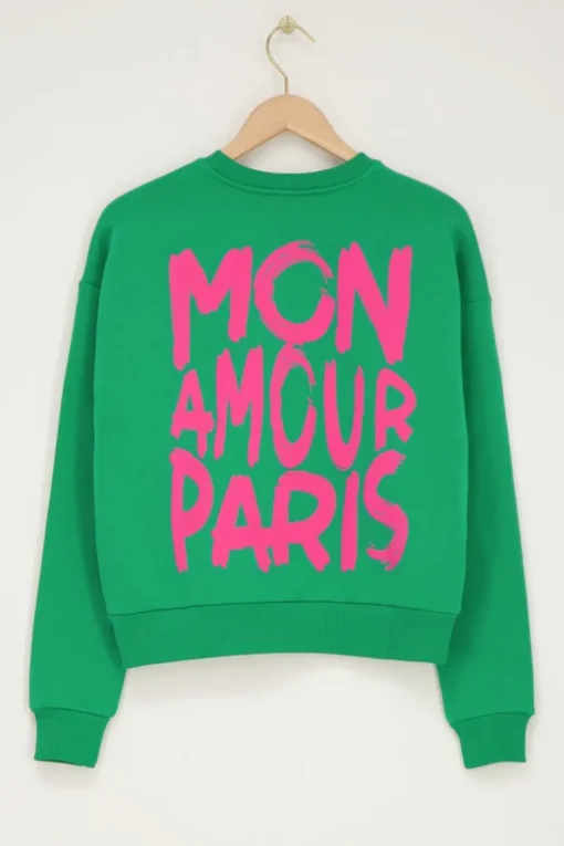 Groene Sweater Met Roze "Mon Amour Paris"
