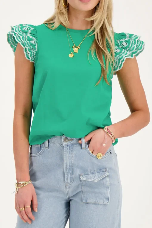 Groene Top Met Embroidery Mouwen