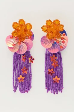 Island Oorhangers Met Bloemen En Paarse Slierten