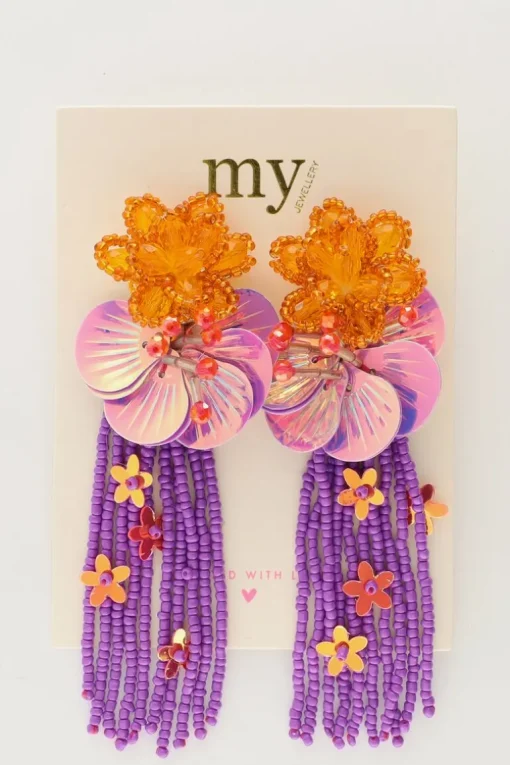 Island Oorhangers Met Bloemen En Paarse Slierten