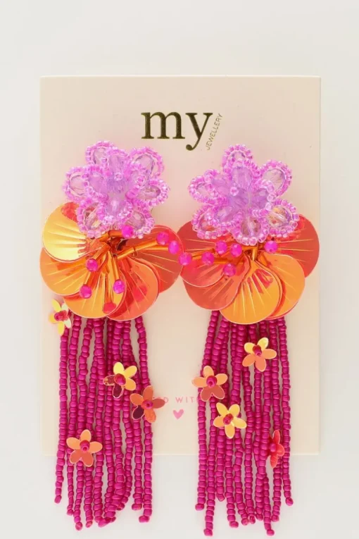 Island Oorhangers Met Bloemen En Roze Slierten