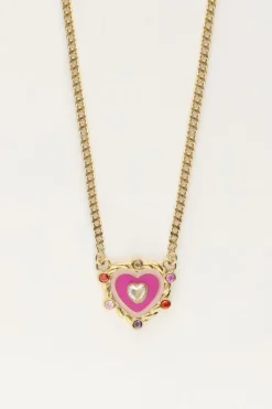 Ketting Met Paarse Hartjes Bedel Met Gekleurde Steentjes