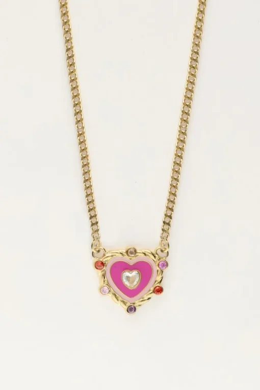 Ketting Met Paarse Hartjes Bedel Met Gekleurde Steentjes