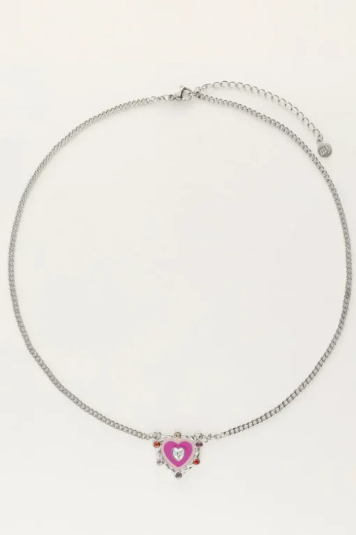 Ketting Met Paarse Hartjes Bedel Met Gekleurde Steentjes