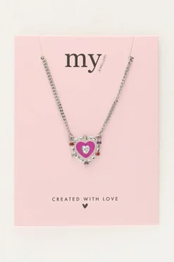 Ketting Met Paarse Hartjes Bedel Met Gekleurde Steentjes