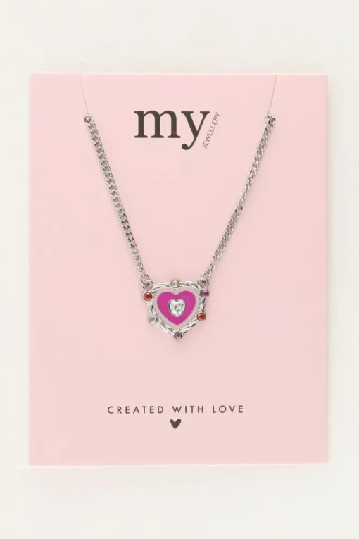 Ketting Met Paarse Hartjes Bedel Met Gekleurde Steentjes