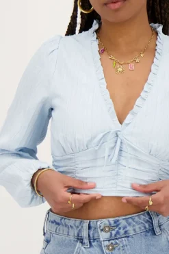Lichtblauwe Crop Top Met Ruffles En Smock