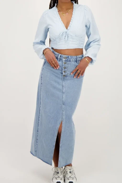 Lichtblauwe Crop Top Met Ruffles En Smock