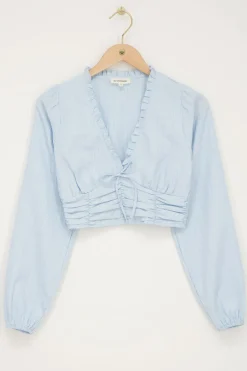 Lichtblauwe Crop Top Met Ruffles En Smock