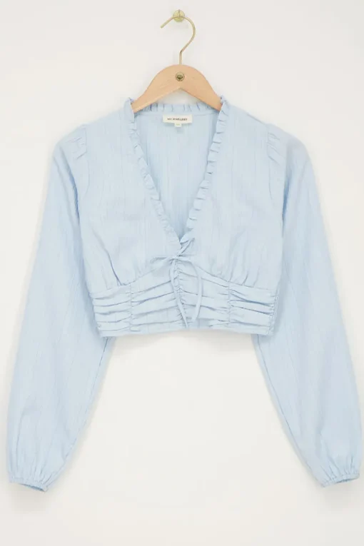 Lichtblauwe Crop Top Met Ruffles En Smock