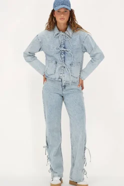 Lichtblauwe Wide Leg Jeans Met Strikjes