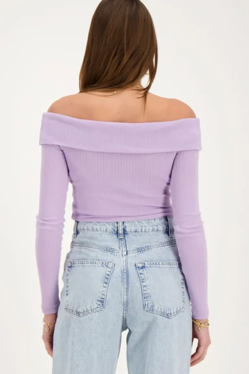 Lila Off-shoulder Top Met Rib Structuur