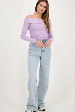 Lila Off-shoulder Top Met Rib Structuur