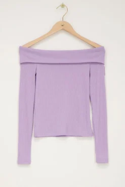 Lila Off-shoulder Top Met Rib Structuur