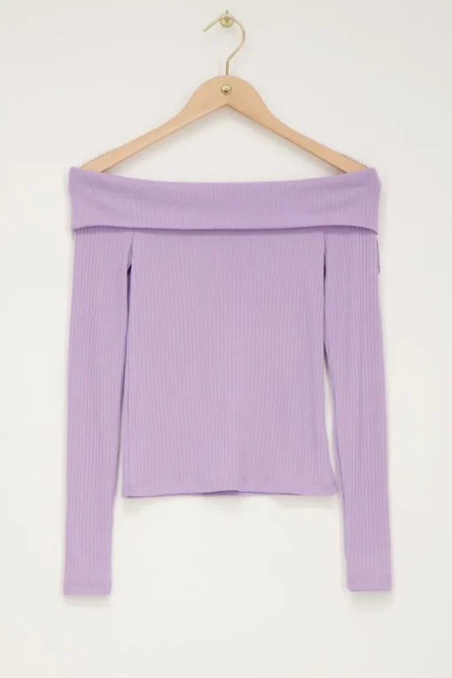 Lila Off-shoulder Top Met Rib Structuur