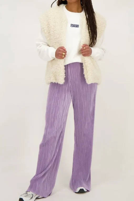 Lila Plissé Broek Met Elastieken Tailleband