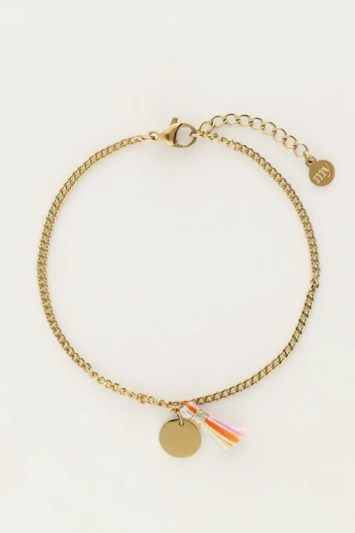 Minimalistische Armband Met Munt En Gekleurd Kwastje