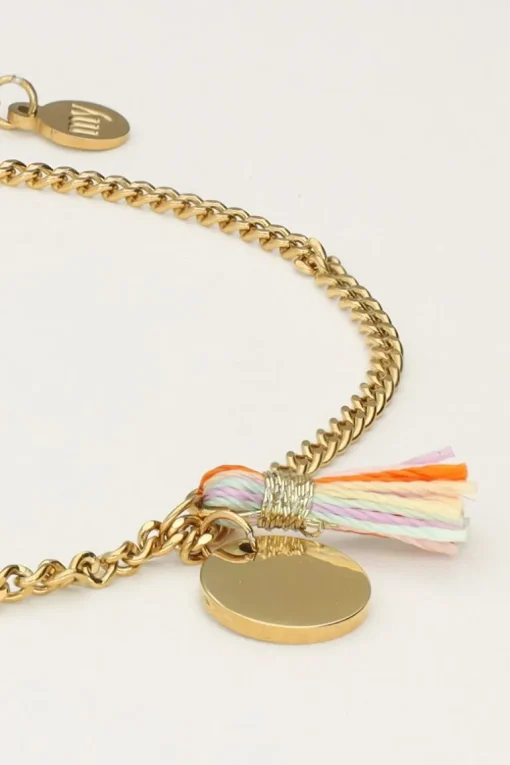 Minimalistische Armband Met Munt En Gekleurd Kwastje