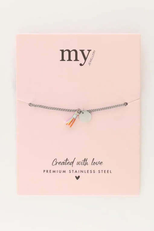 Minimalistische Armband Met Munt En Gekleurd Kwastje