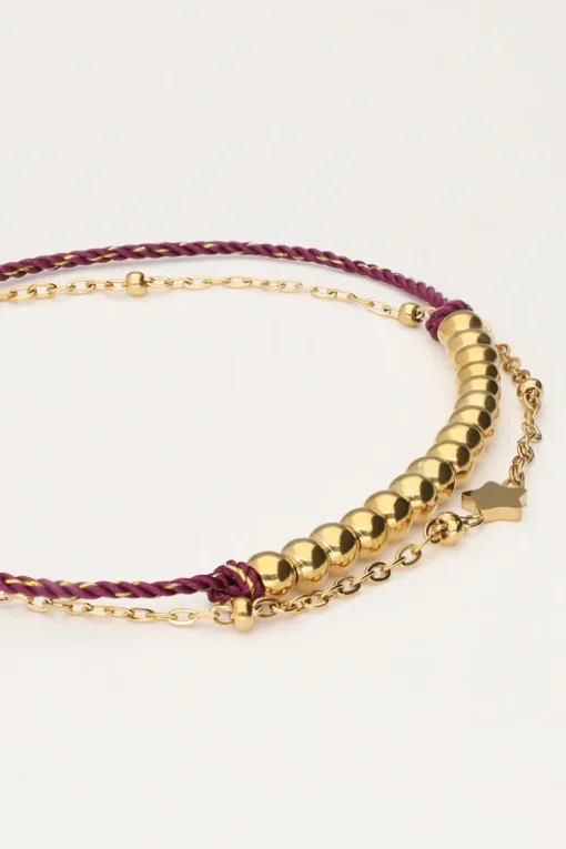 Minimalistische Dubbele Armband Met Paars Koord En Kralen