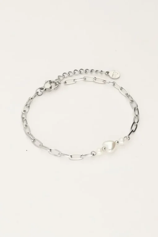 Minimalistische Schakel Armband Met Parel Hartje