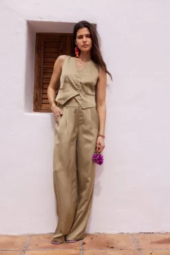 Olijfgroene Gilet Satijnen Look